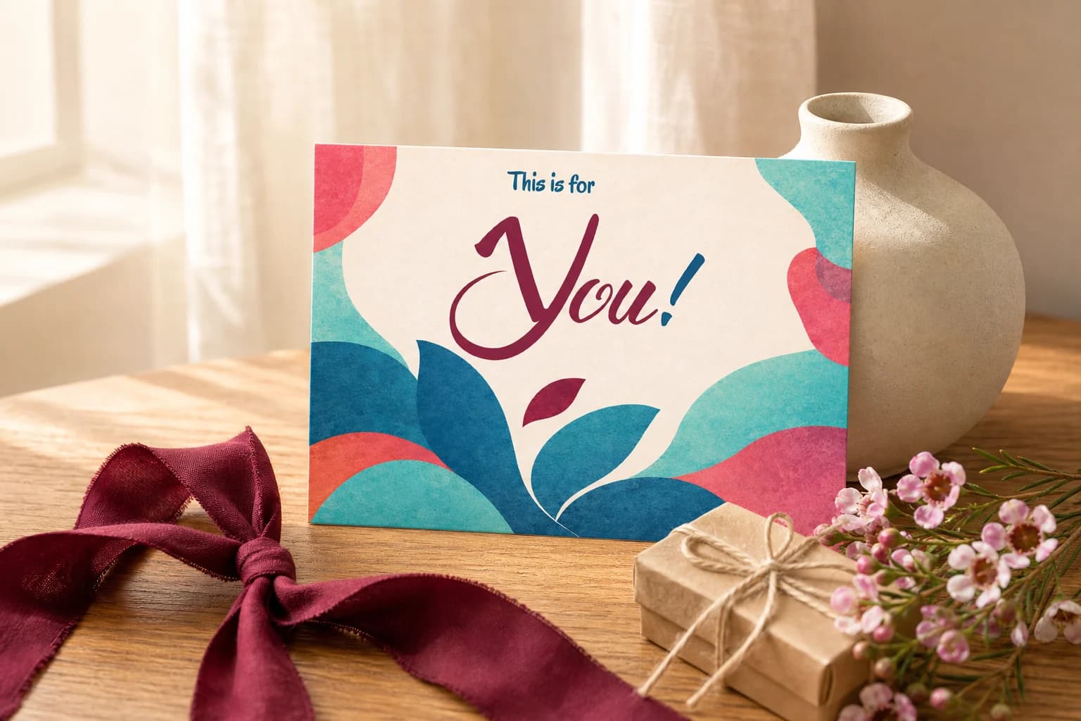 De This is for you kaart bij bloemen en een klein cadeautje