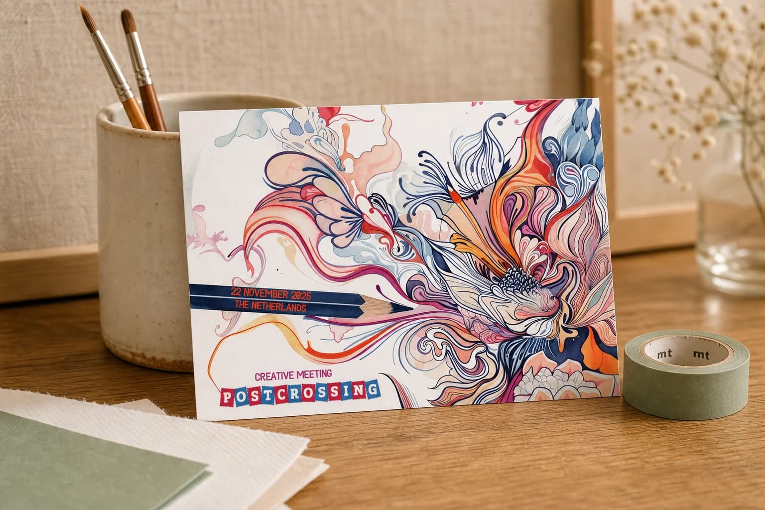 De Creative Meeting Postcrossing kaart bij penselen en washi tape