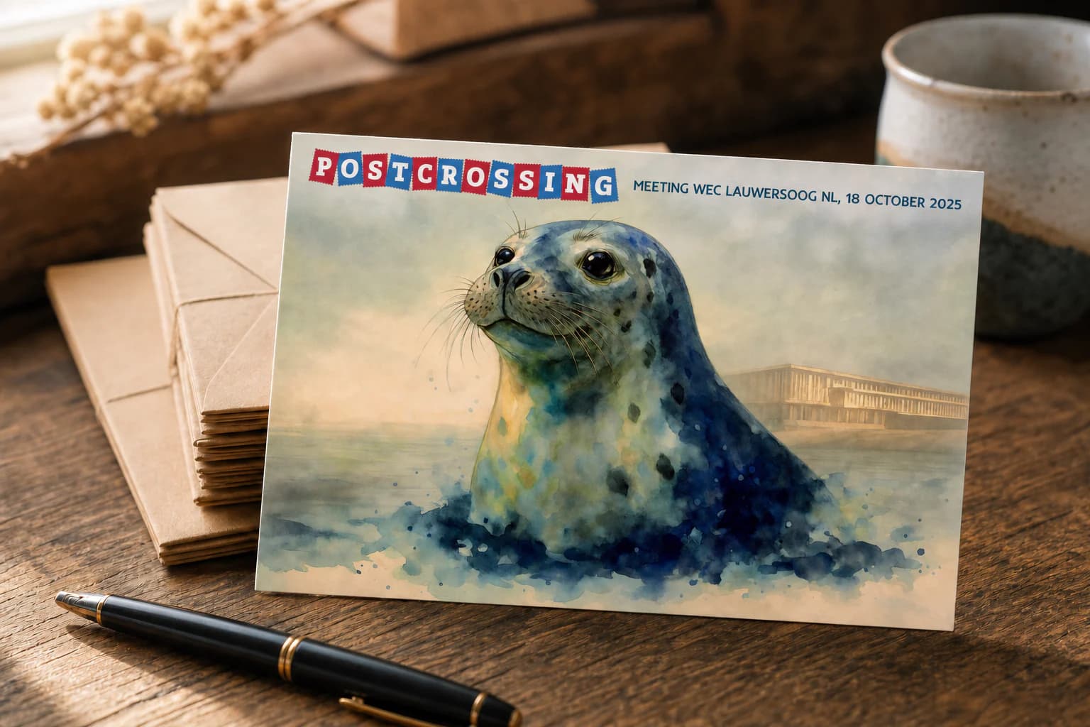 De WEC Lauwersoog zeehondkaart bij enveloppen en een vulpen