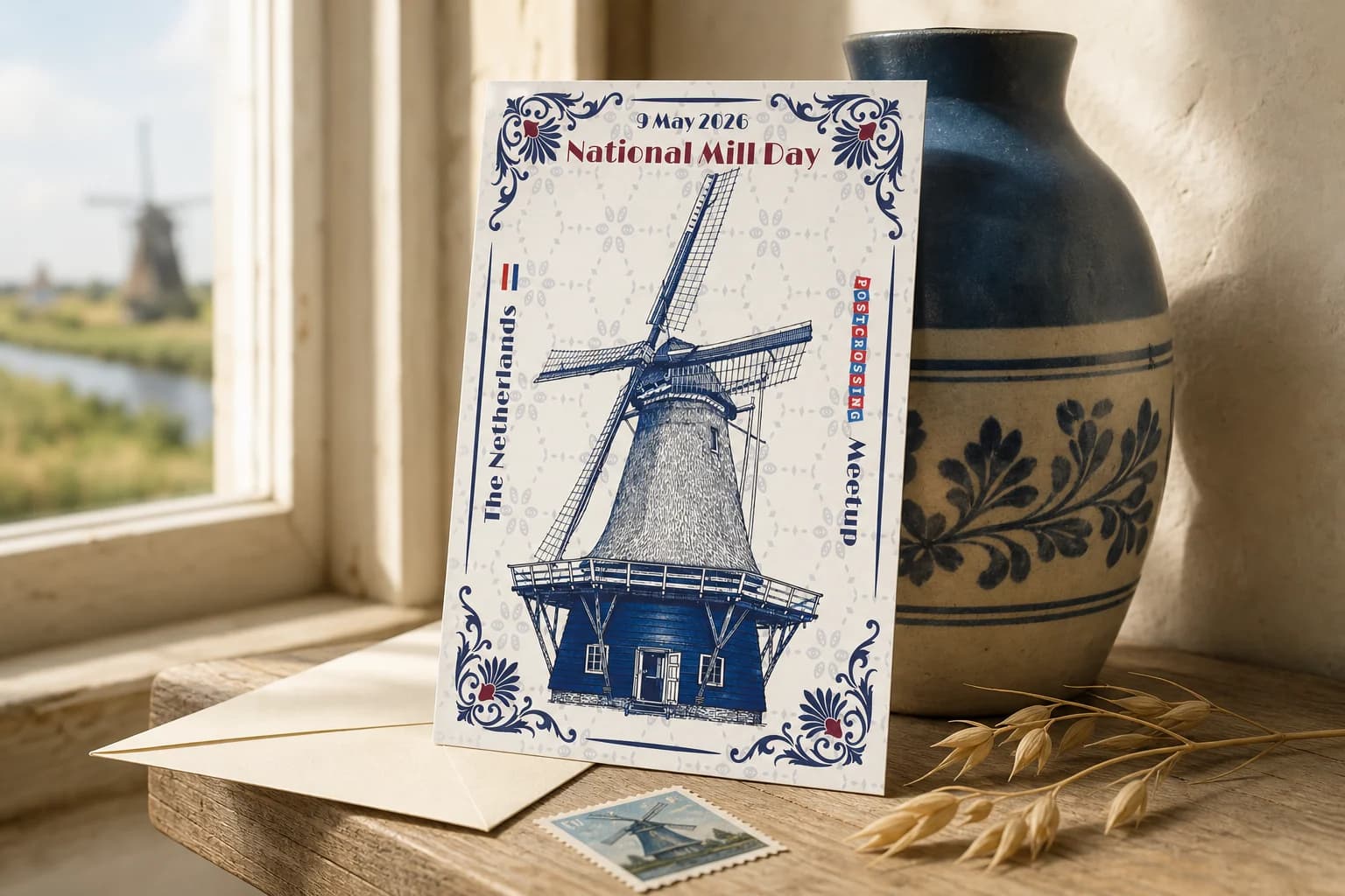 De National Mill Day Postcrossing kaart tegen een blauw keramieken vaas
