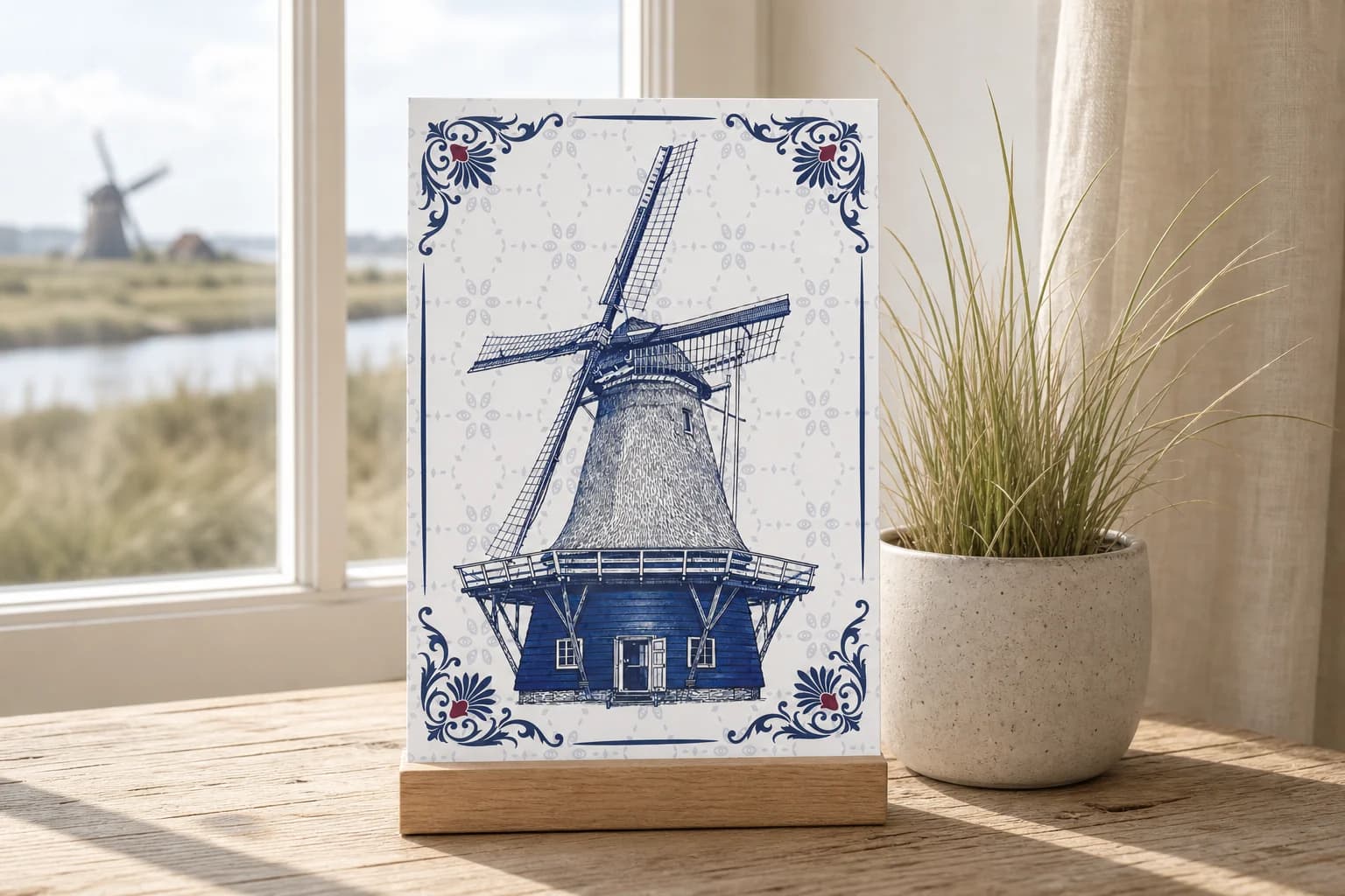 De molenkaart in een houten houder naast helmgras