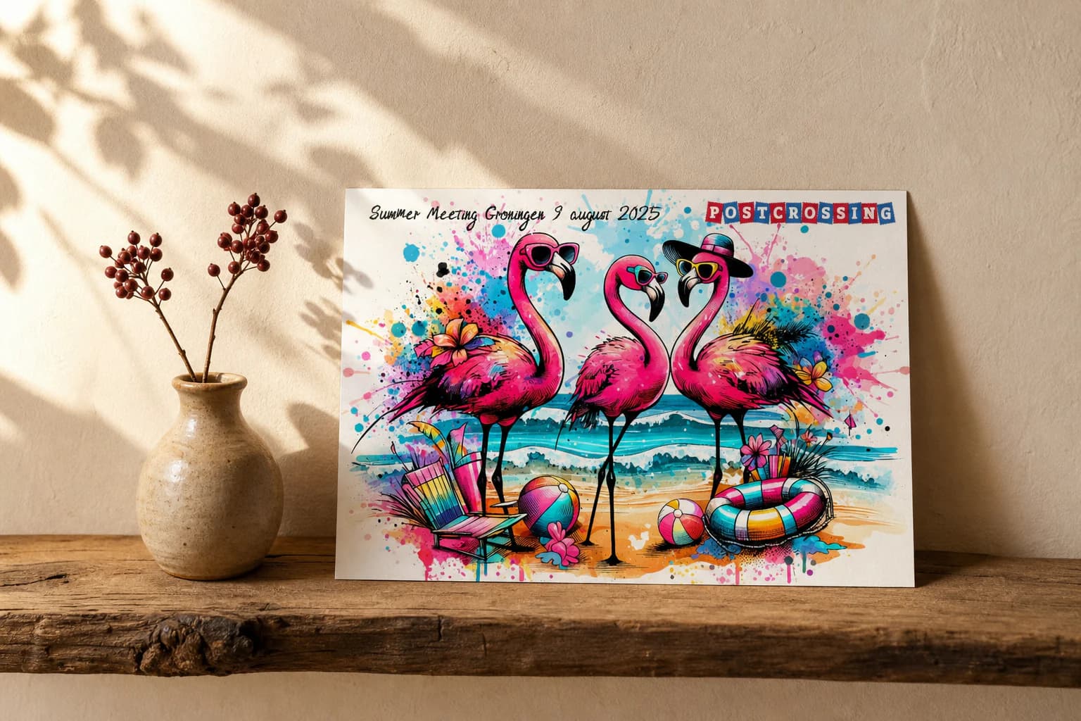 De flamingokaart van Summer Meeting Groningen op een houten plank