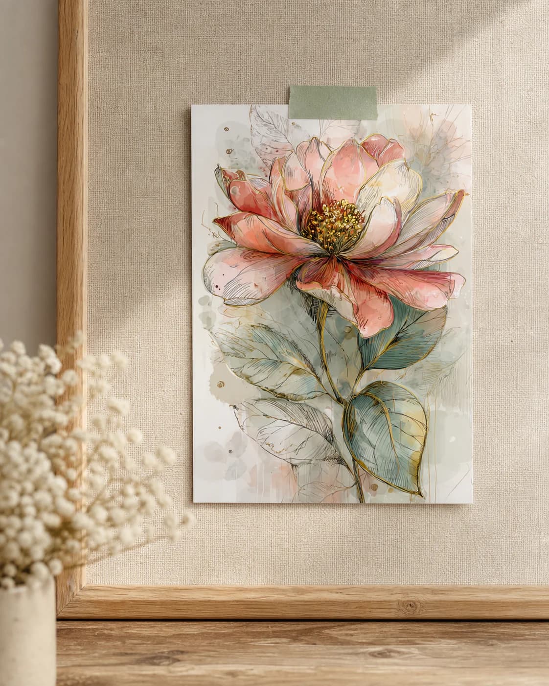 De bloemenkaart met washi tape op een linnen prikbord