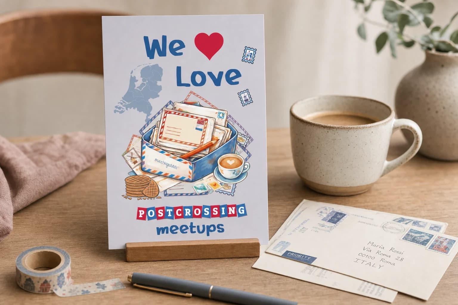 De We love Postcrossing meetups kaart in een houten houder bij koffie, post en washi tape
