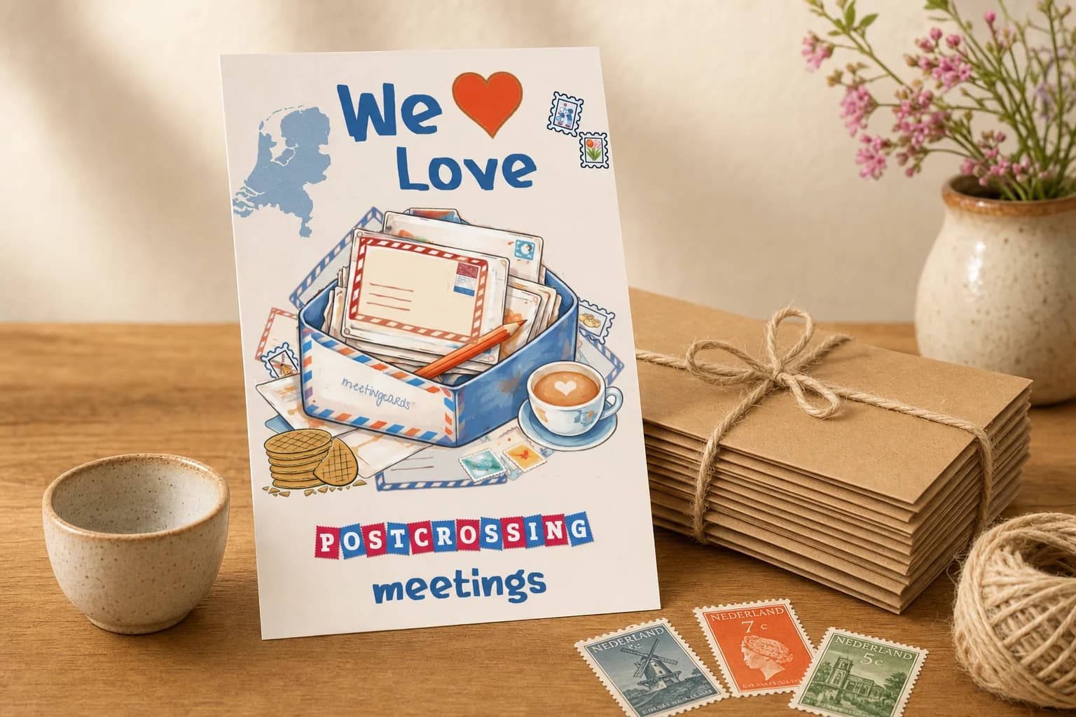 De We love Postcrossing kaart bij een stapel enveloppen