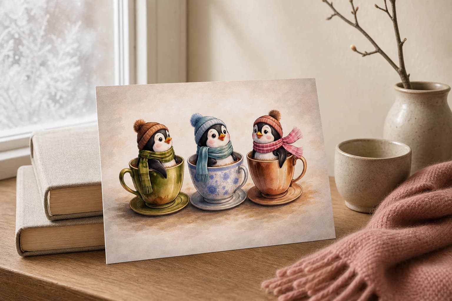 De pinguinkaart tegen linnen boeken bij een winterraam