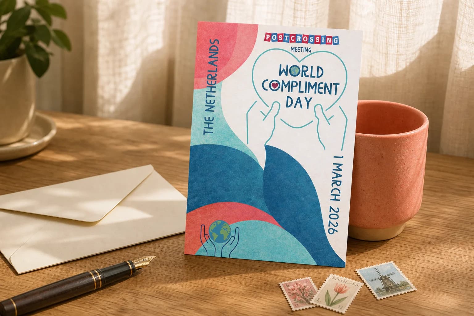 De World Compliment Day Postcrossing kaart op een schrijftafel