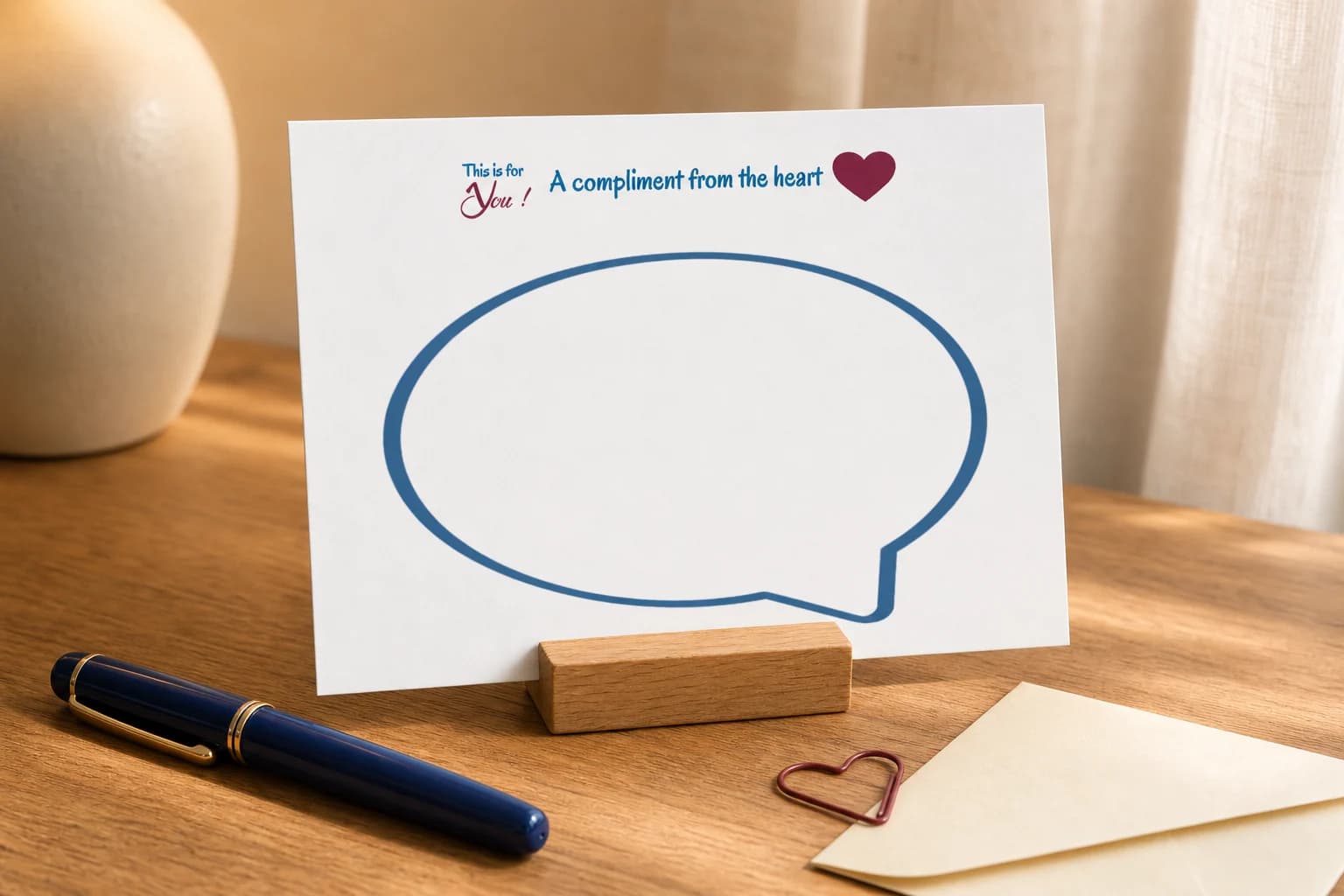 De complimentkaart met lege tekstballon in een houten kaarthouder