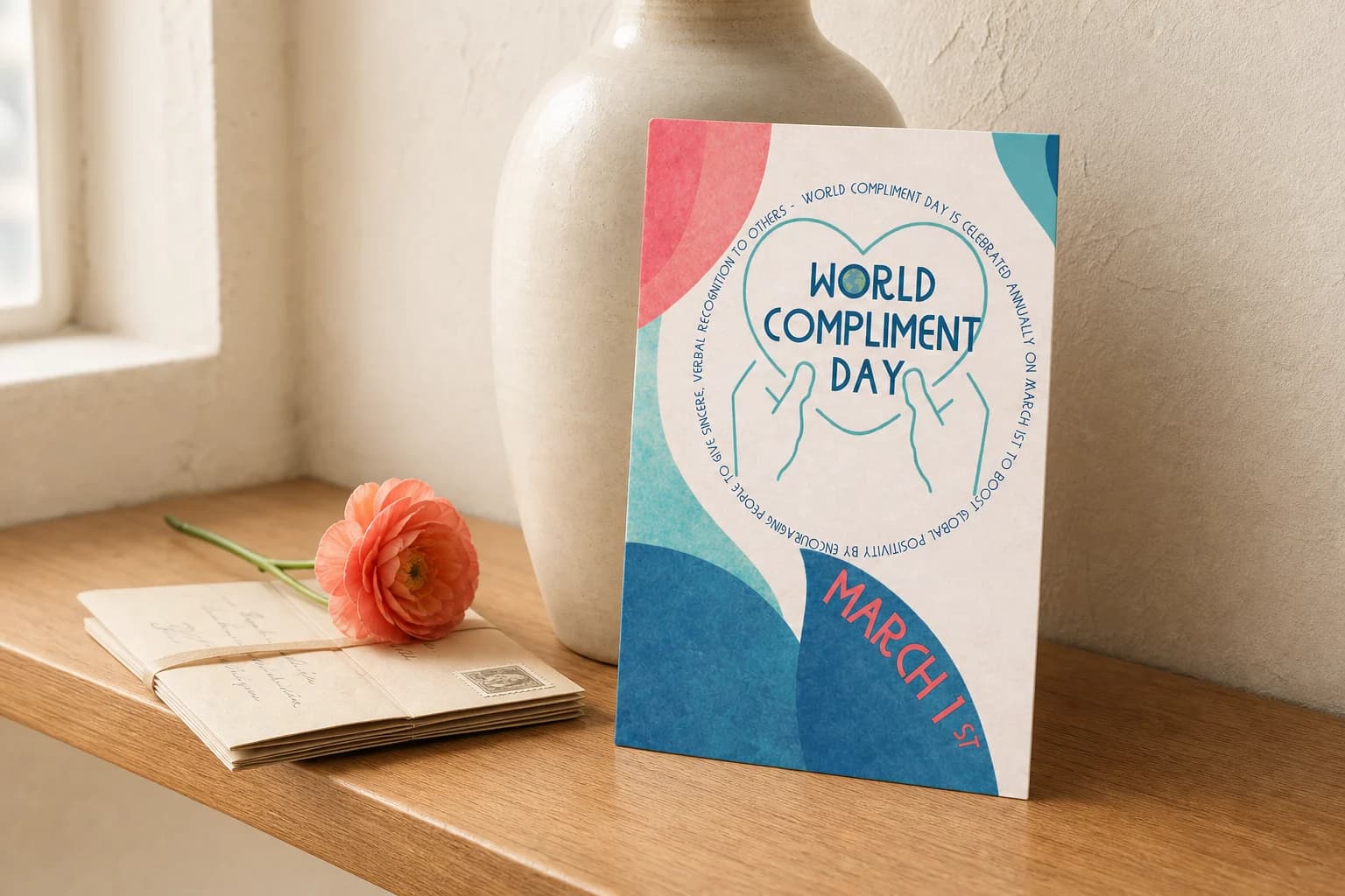 De World Compliment Day kaart tegen een keramieken vaas