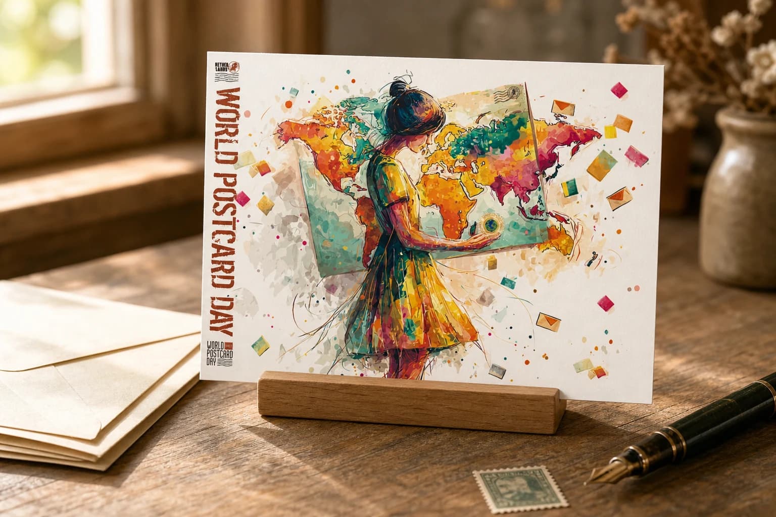 De World Postcard Day kaart in een houten kaarthouder bij enveloppen en een vulpen