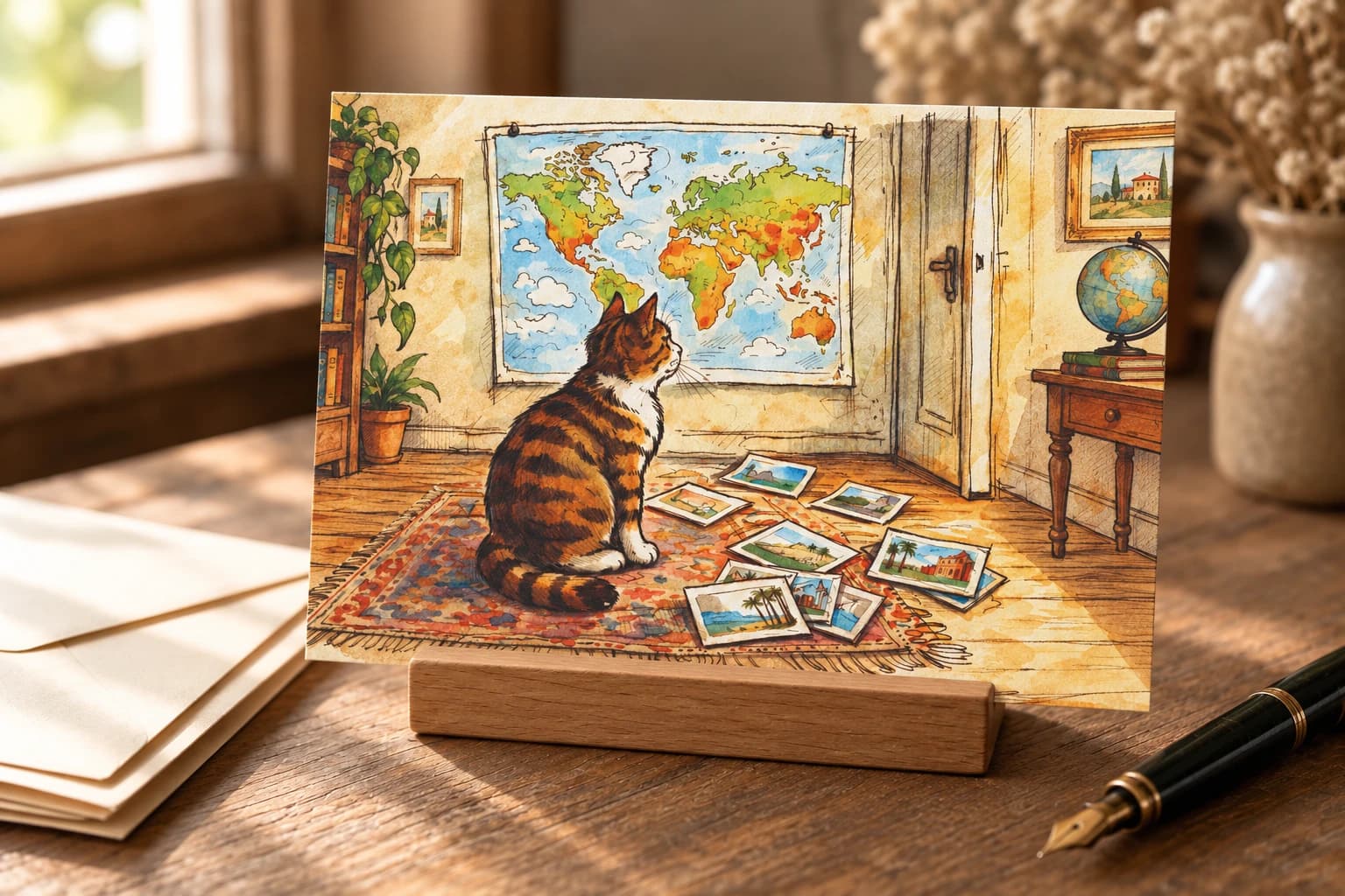 The cat and world map postcard in a wooden holder on a warm writing desk